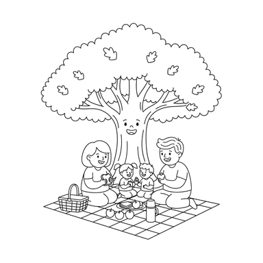Family Picnic Under Oak Tree Coloring Page