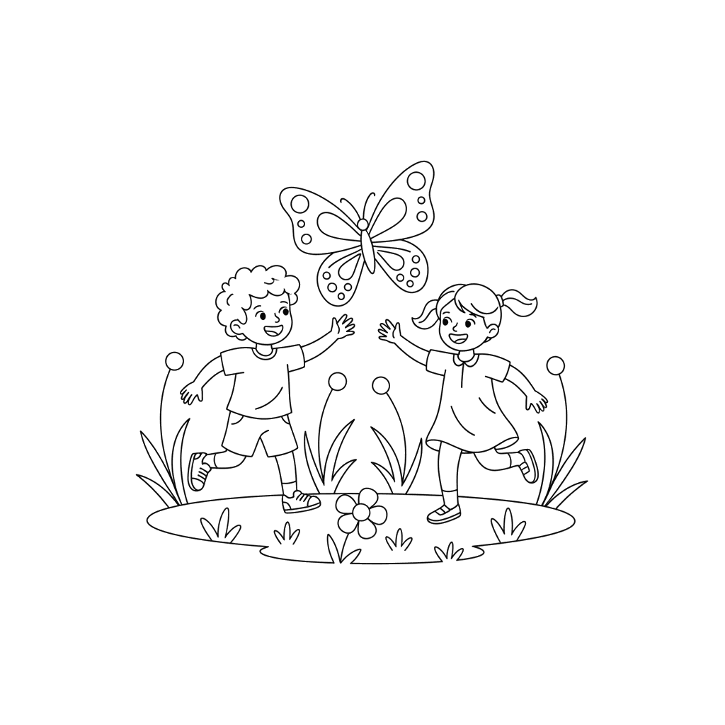 Dibujo para Colorear Niños y Mariposa en el Prado