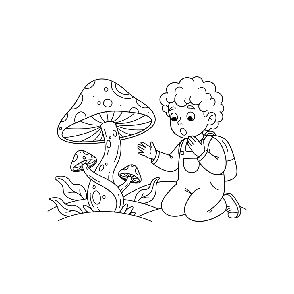 Dibujo para colorear: Niño encuentra hongo único