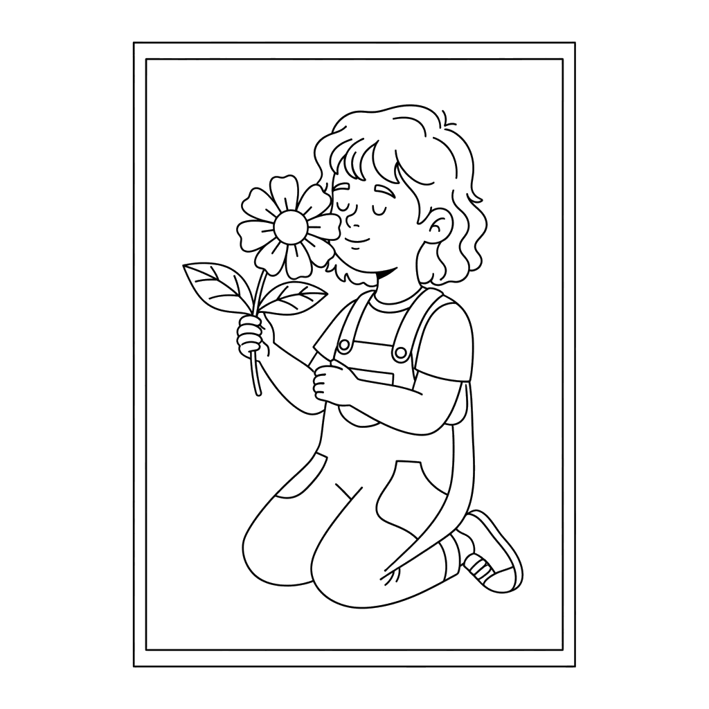 Ausmalbild: Kind riecht an einer Wildblume