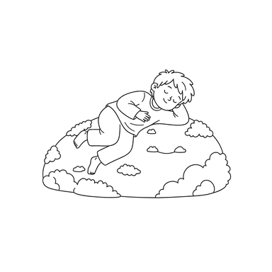 Criança descansando sobre pedra musgosa para colorir