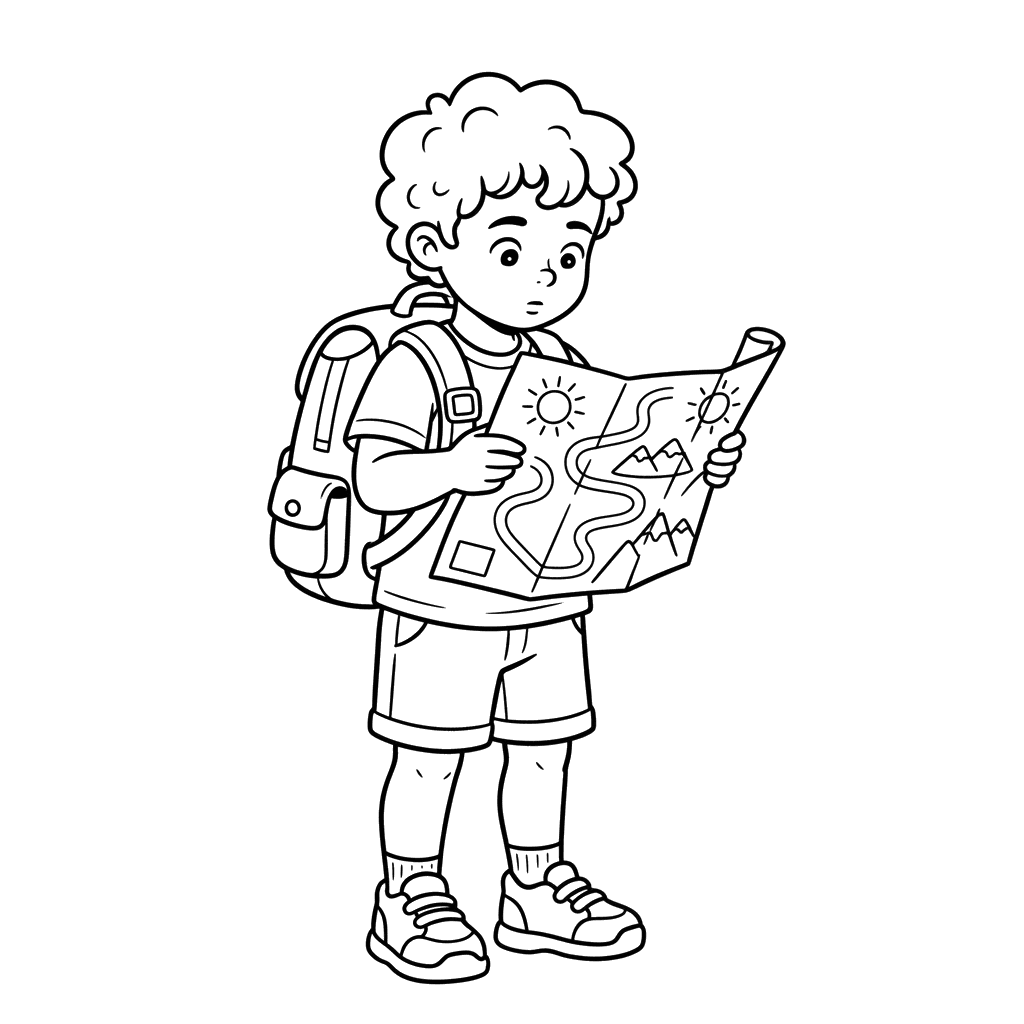 Ausmalbild Kind mit Rucksack, das auf eine Karte schaut