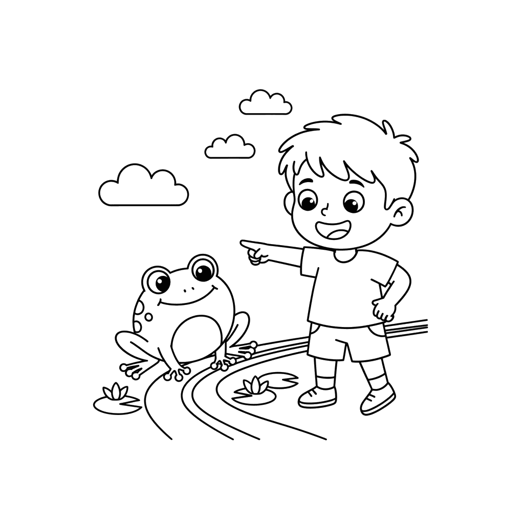 Ausmalbild: Kind beobachtet Frosch auf dem Weg