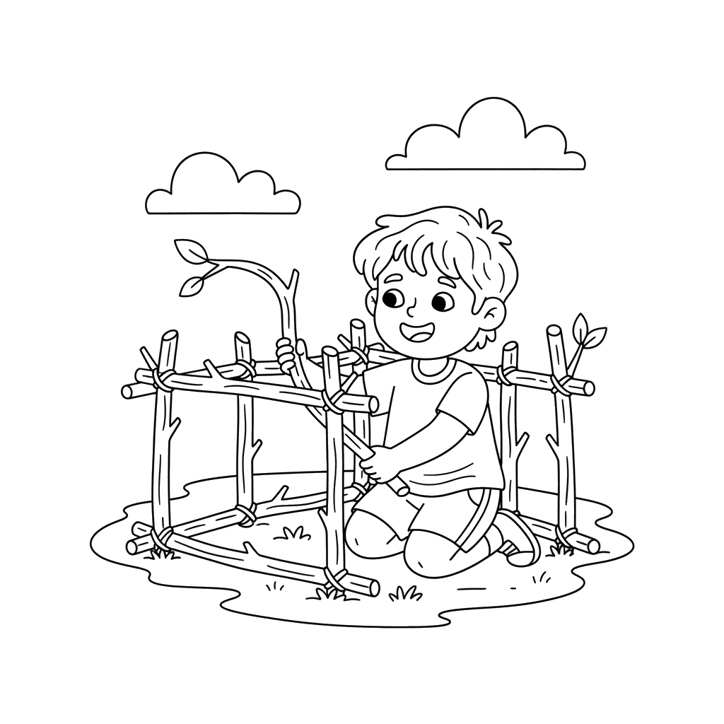 Dibujo para Colorear Niño Construyendo una Cabaña de Palos