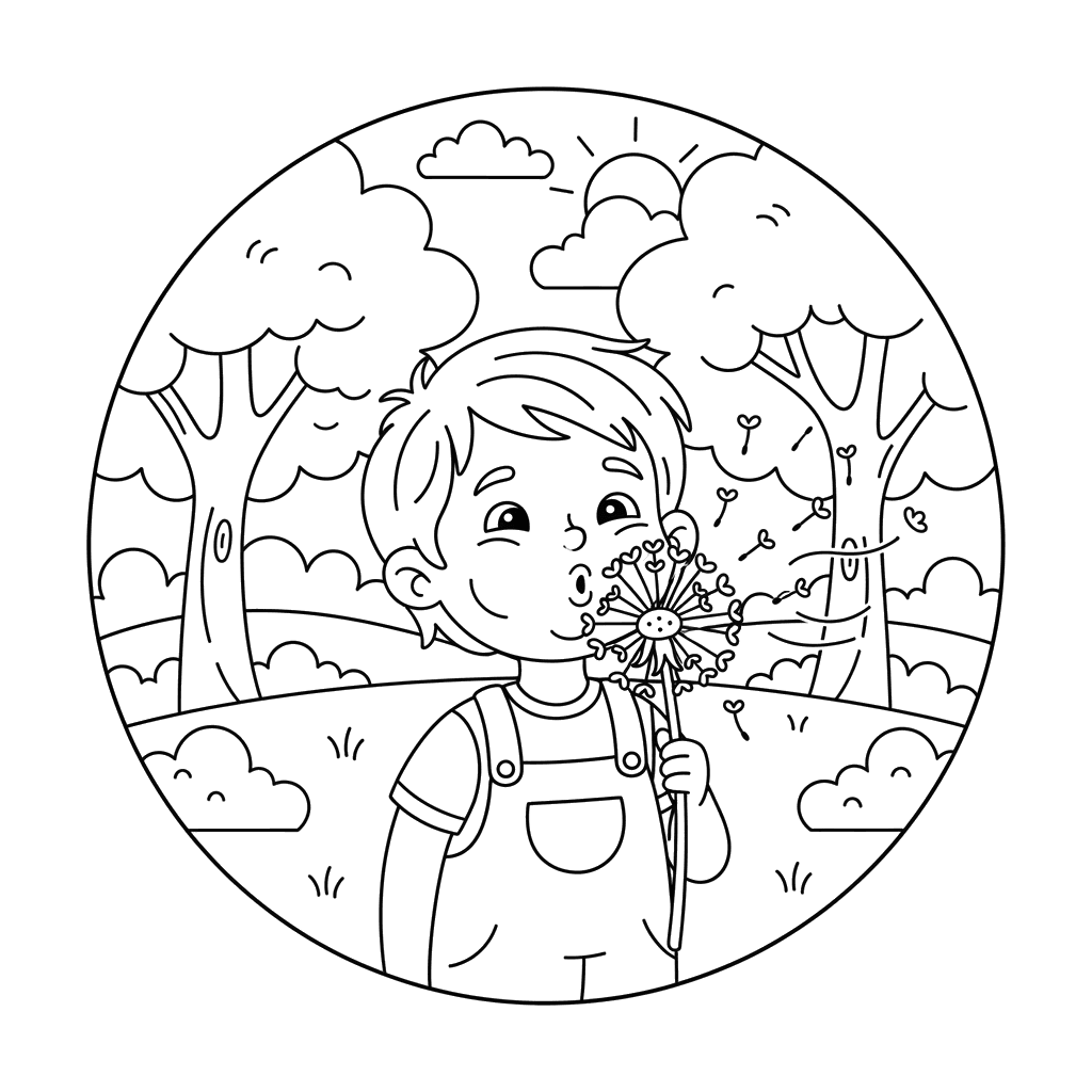 Dibujo para Colorear Niño Soplando Dientes de León
