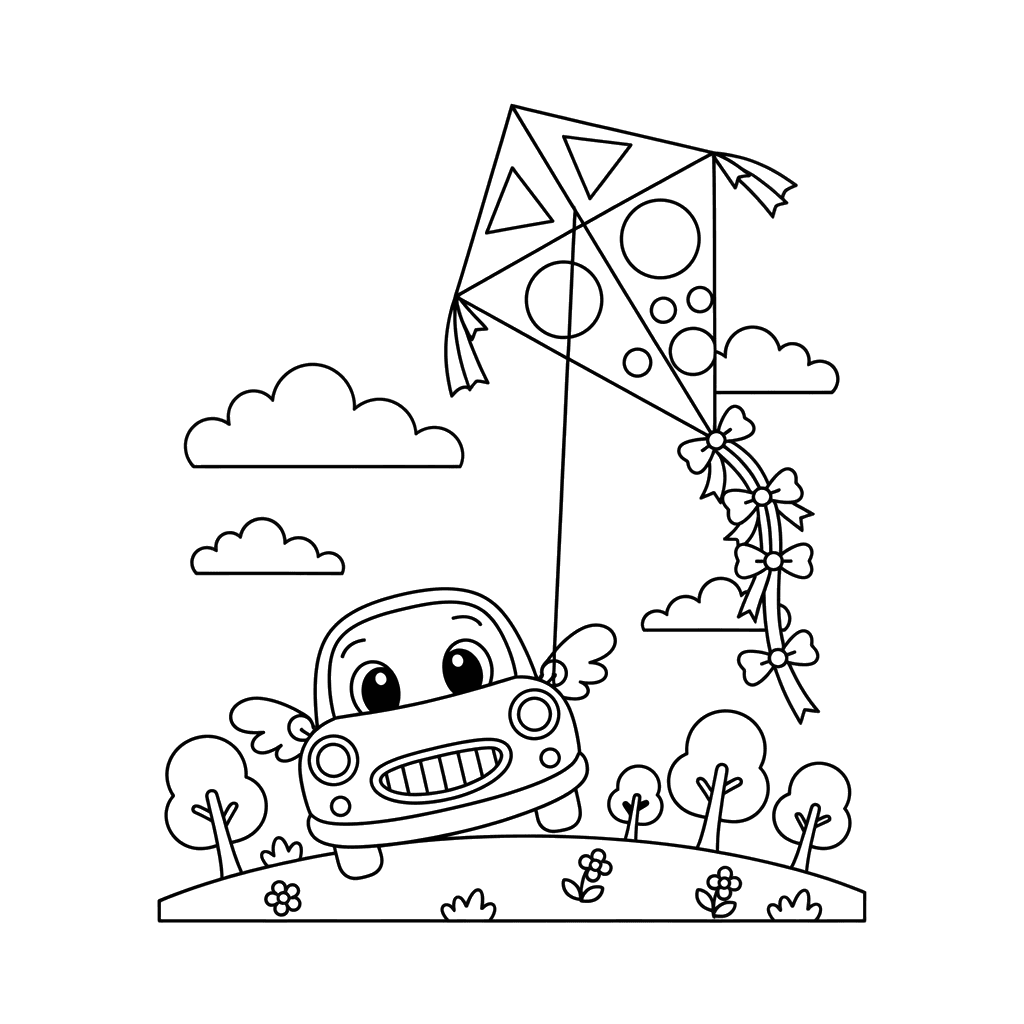Car Flying a Kite in the Park Coloring Page