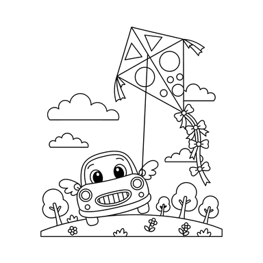 Coloriage: Voiture faisant voler un cerf-volant dans le parc
