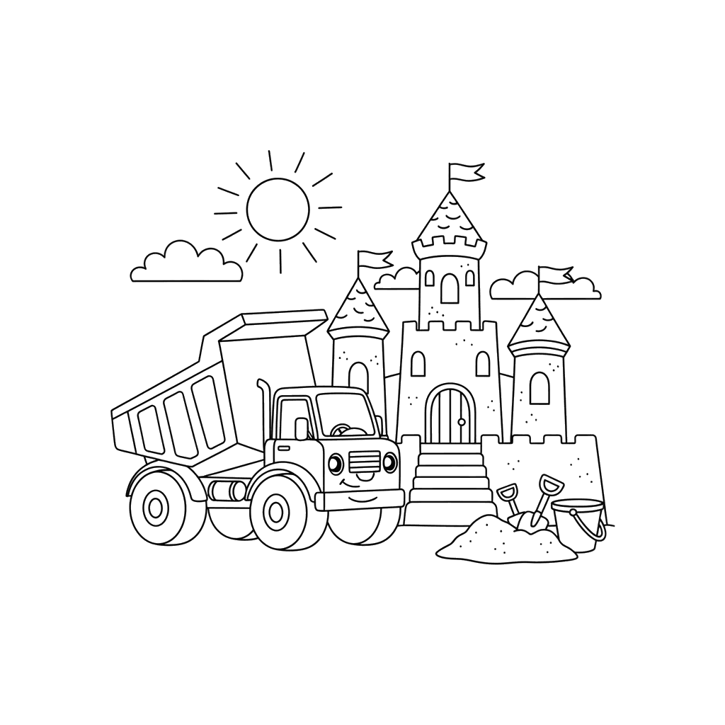 Dibujo para Colorear Camión Volquete Construyendo un Castillo de Arena