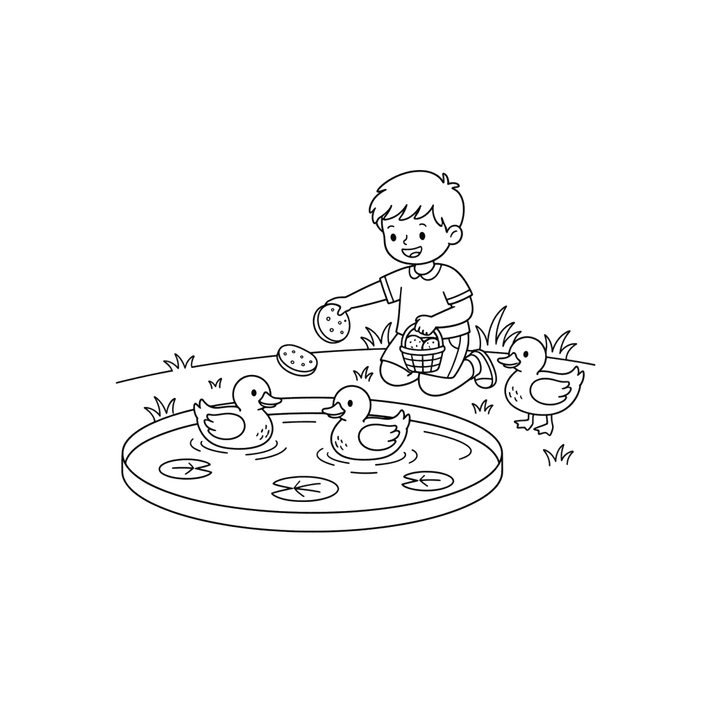Ausmalbild Junge füttert Enten