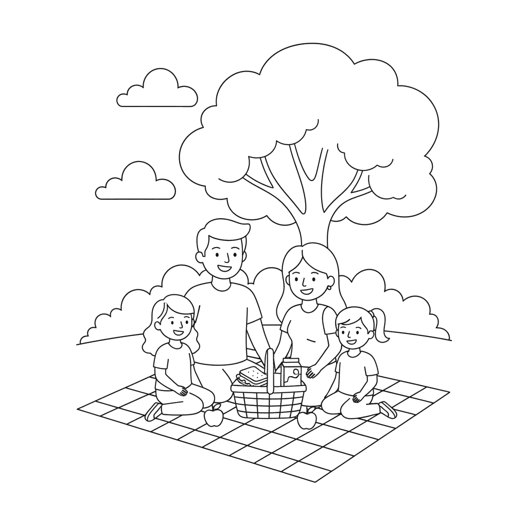 Family Picnic in the Park Coloring Page
