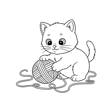 Раскраска: Котёнок играет с клубком ниток