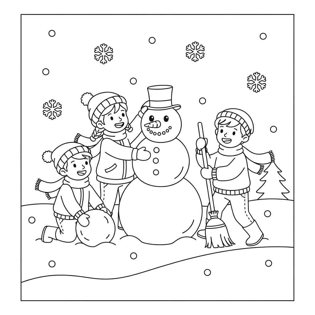 Ausmalbild: Kinder bauen einen Schneemann