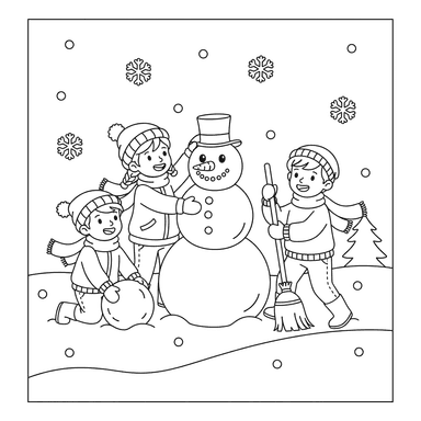 Children Building a Snowman Coloring Page