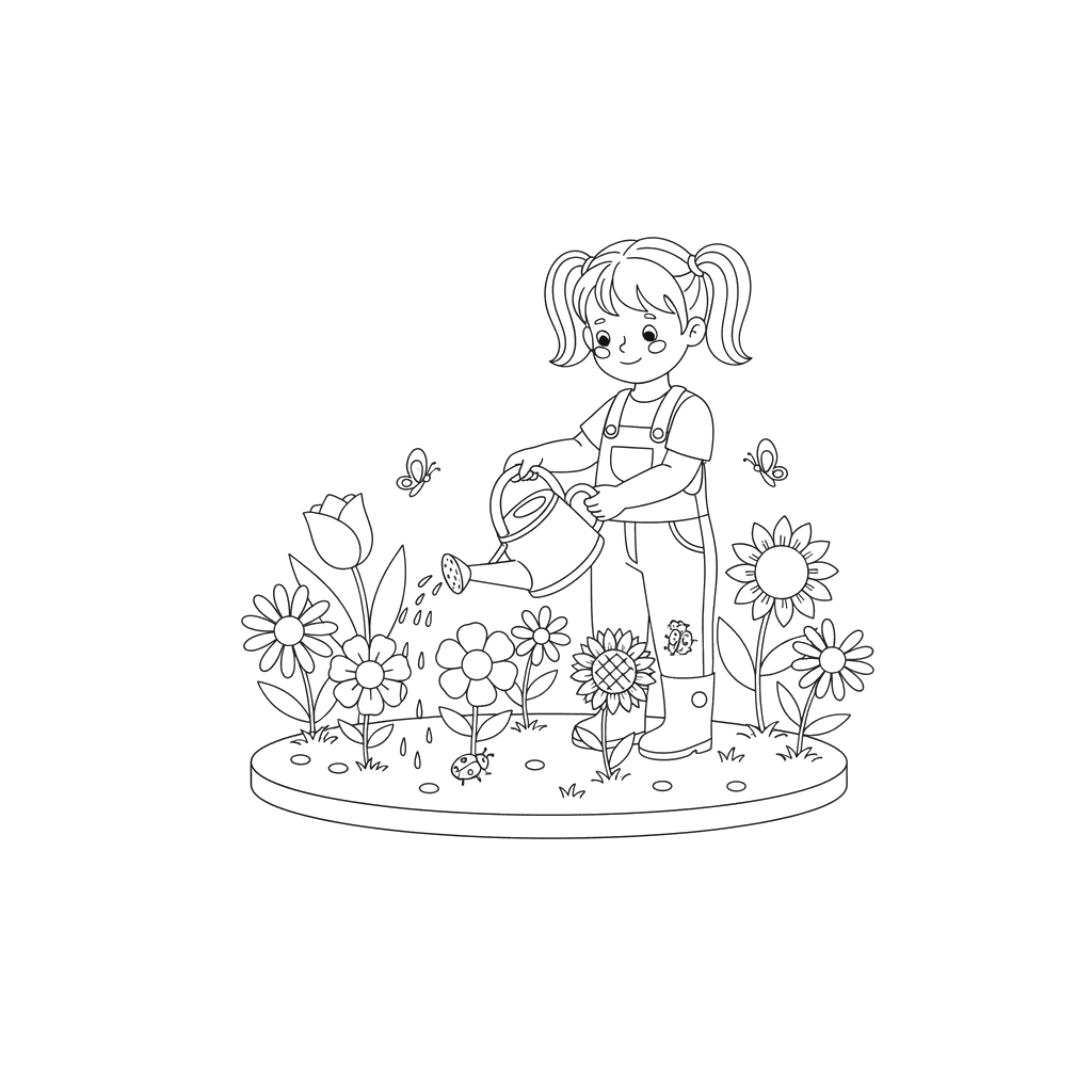 Ausmalbild Mädchen gießt Blumen