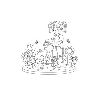 Girl Watering Flowers Coloring Page