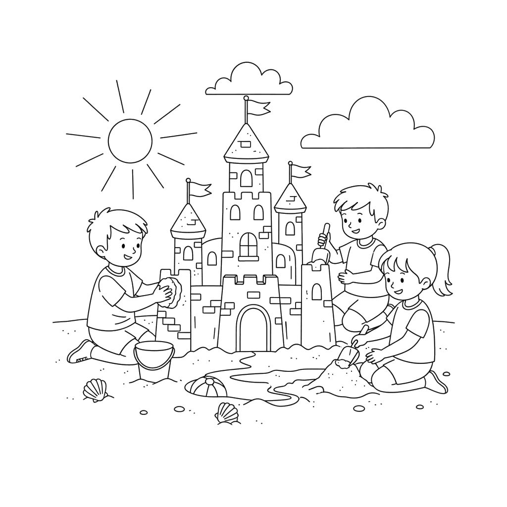 Children Building Sandcastle Coloring Page