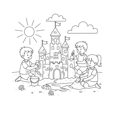 Children Building Sandcastle Coloring Page