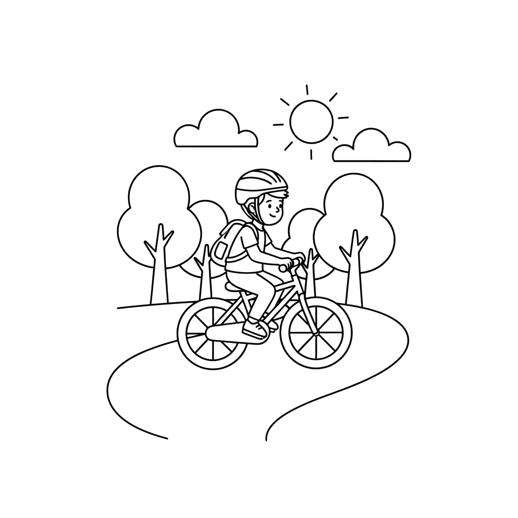 Ausmalbild Kinder fahren Fahrrad