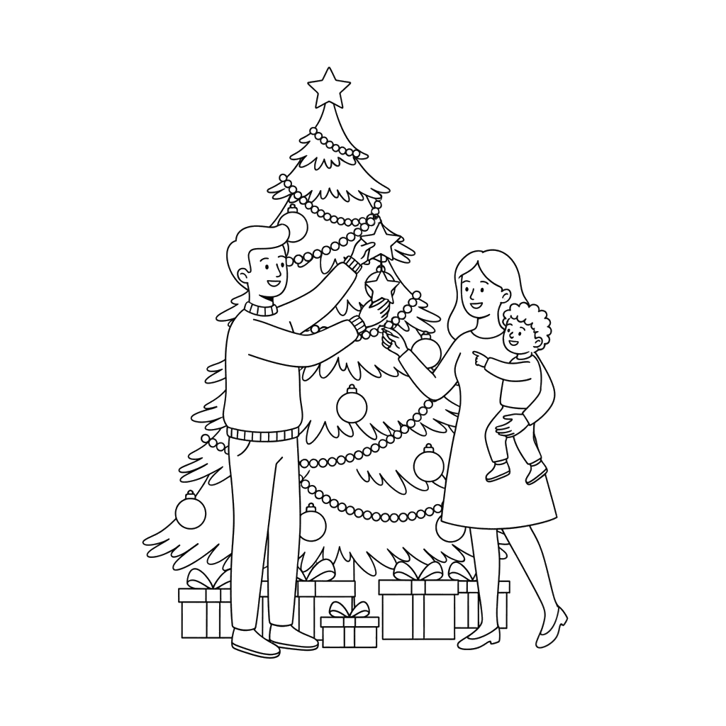Ausmalbild Familie Schmückt Weihnachtsbaum