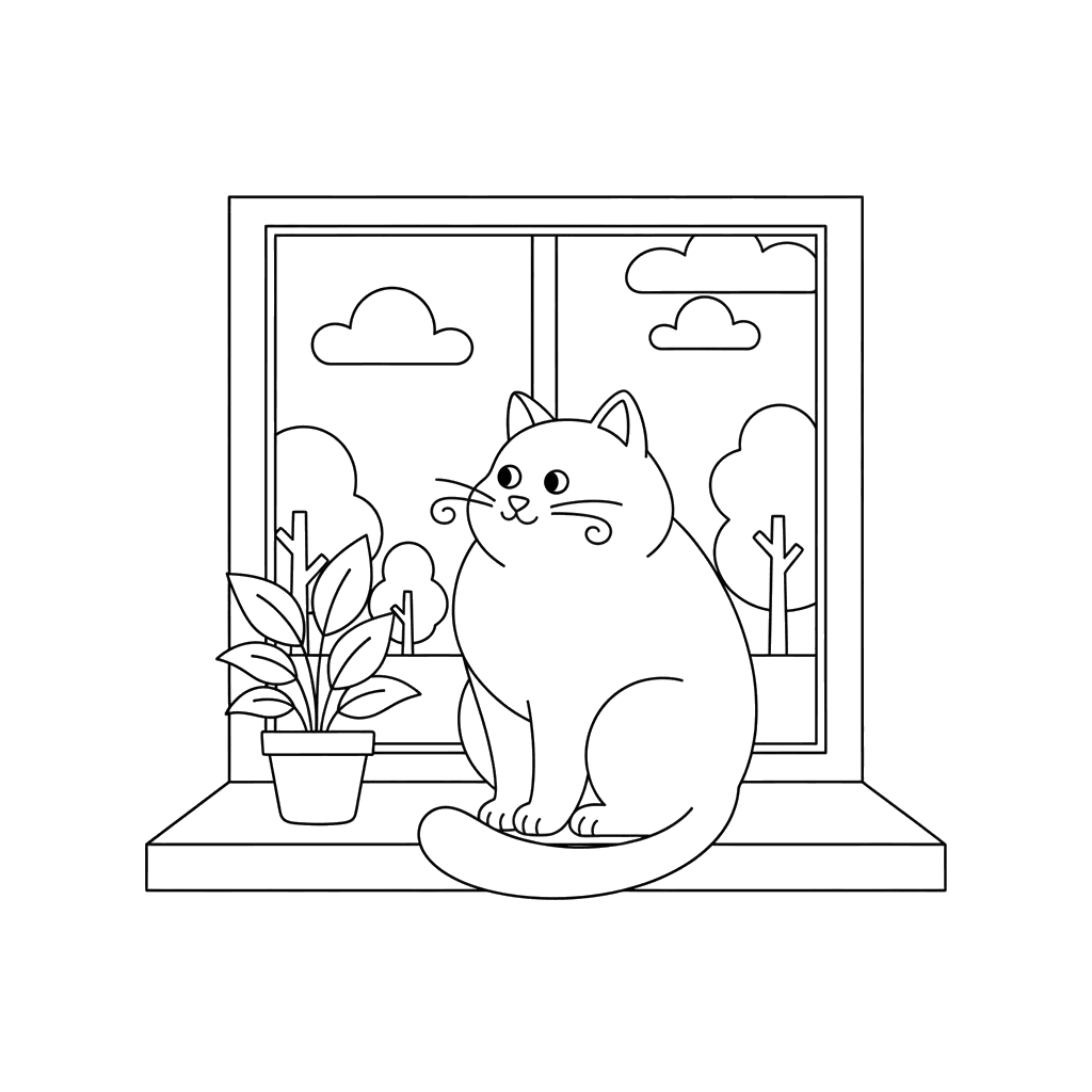 Ausmalbild Katze am Fensterbrett