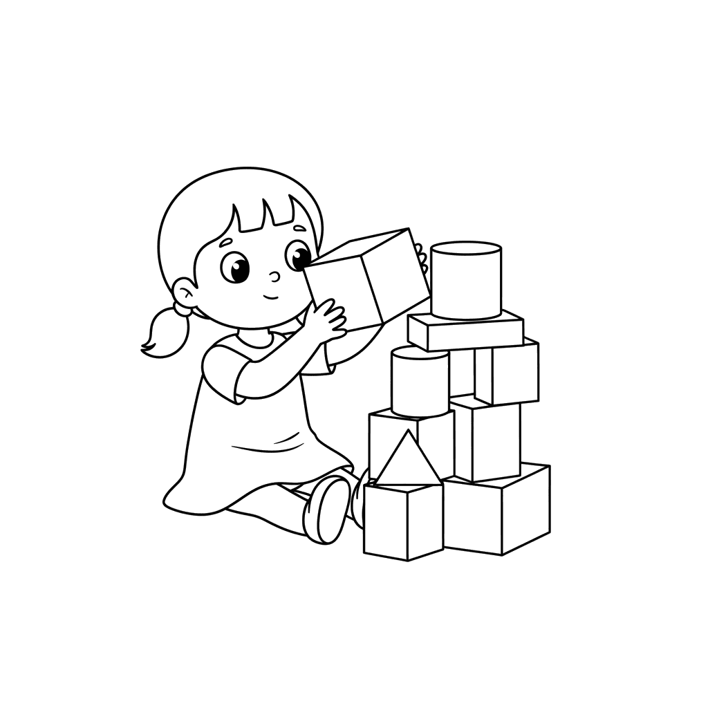 Coloriage: Fille construisant une tour de cubes