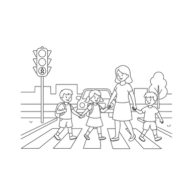 Coloriage: Enfants traversant la rue au passage piéton