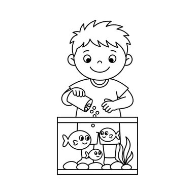 Coloriage Enfant Nourrissant les Poissons dans l'Aquarium