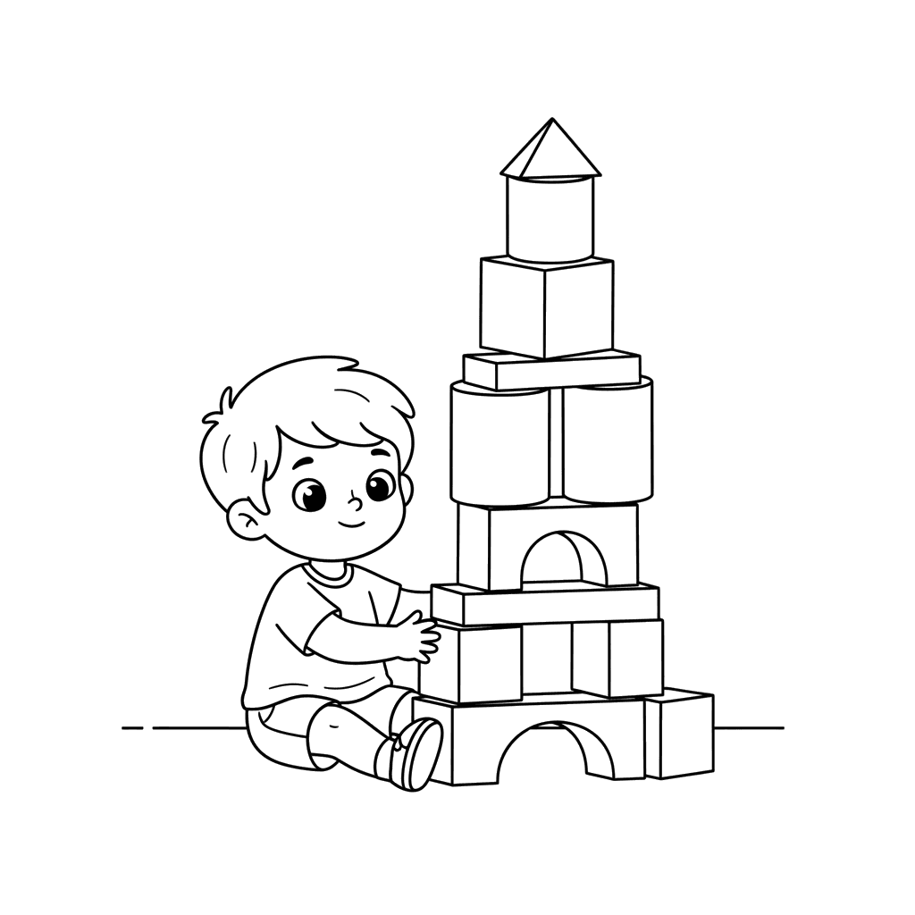 Ausmalbild: Kind baut einen Blockturm