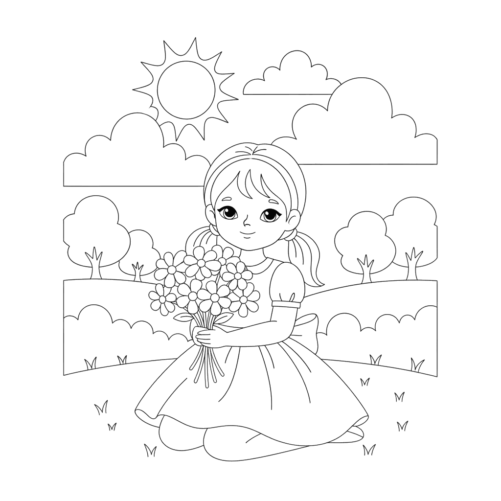 Ausmalbild Mädchen Pflückt Wildblumen