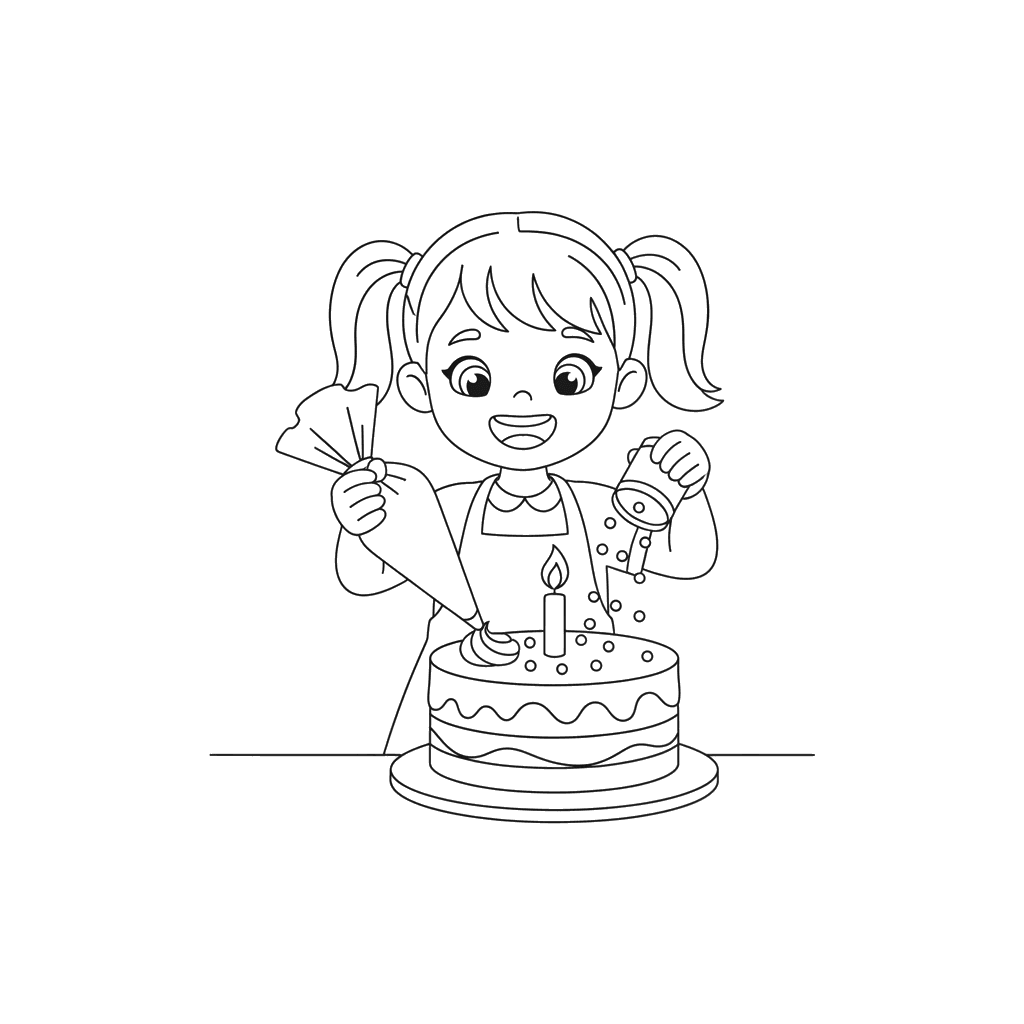 Girl Decorating a Cake Coloring Page