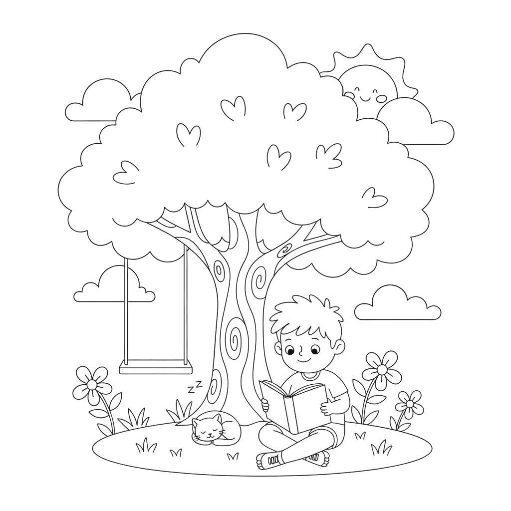 Ausmalbild: Junge liest Buch unter Baum