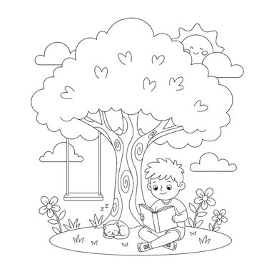 Coloriage Garçon Lisant un Livre Sous un Arbre