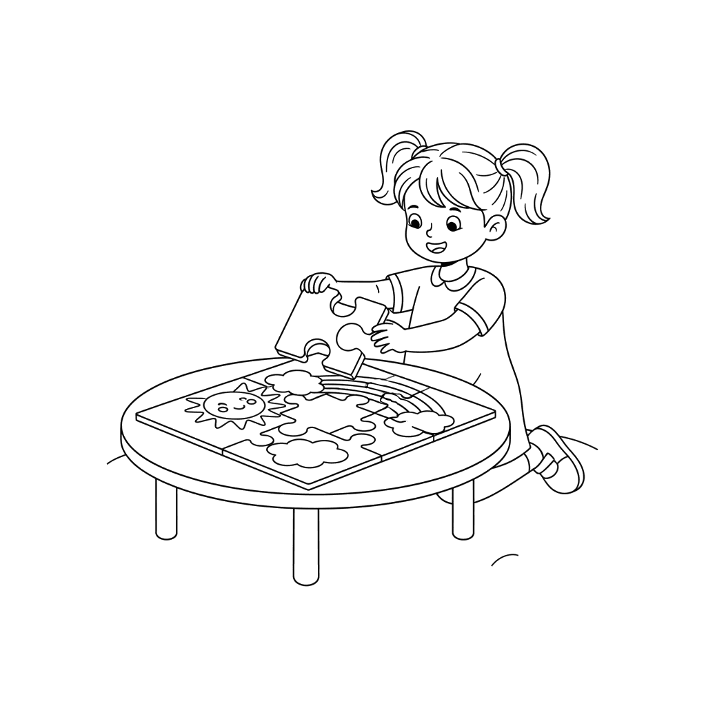 Ausmalbild: Mädchen legt Puzzle