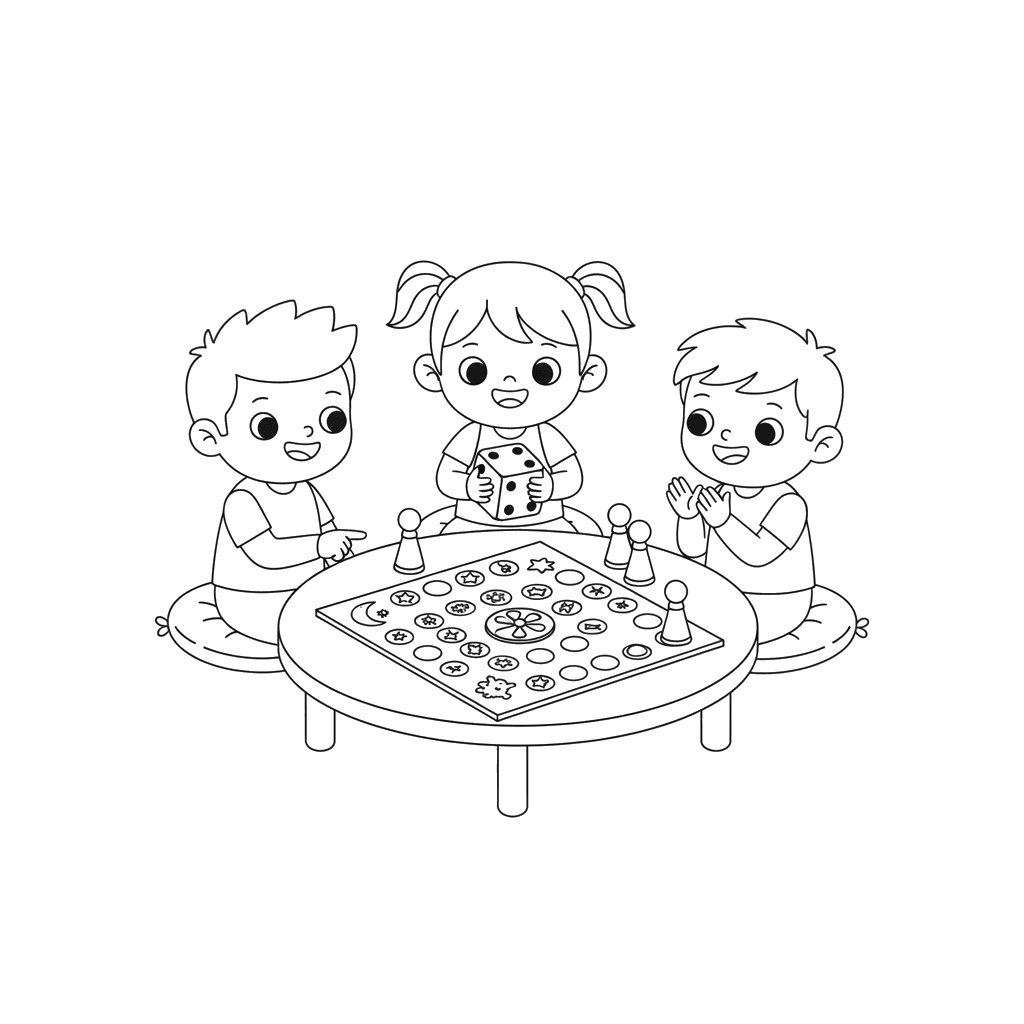Ausmalbild: Kinder spielen ein Brettspiel