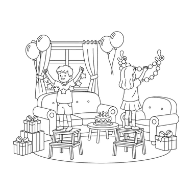 Coloriage Enfants Décorant une Chambre avec des Guirlandes