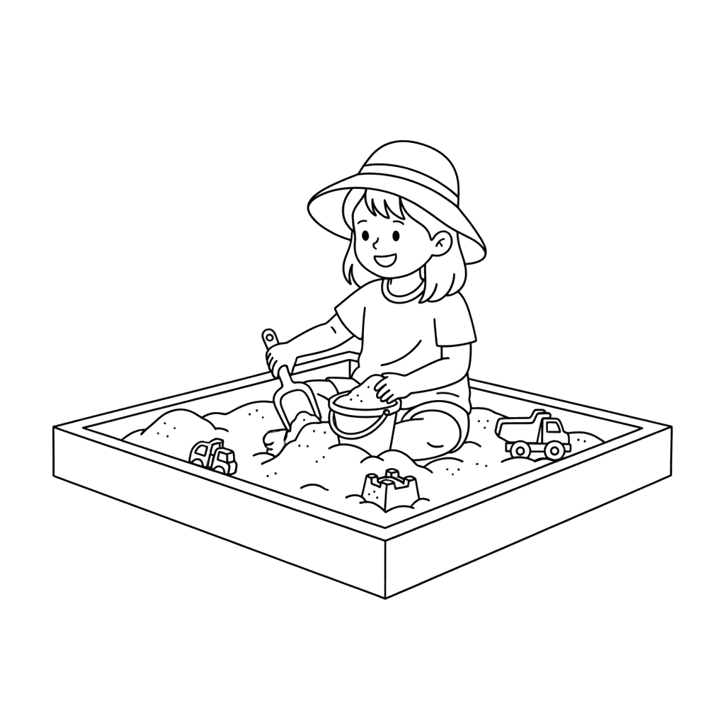 Ausmalbild Mädchen spielt im Sandkasten