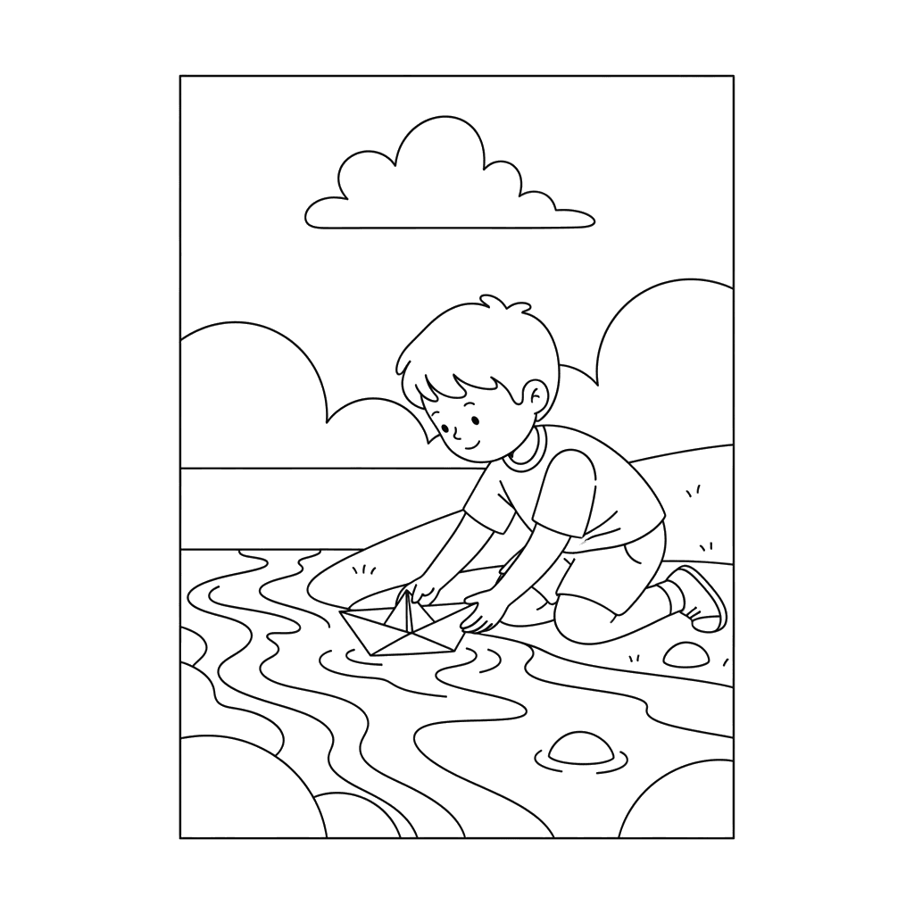 Junge lässt Papierboot zu Wasser Ausmalbild