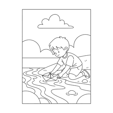Boy Launching Paper Boat Coloring Page