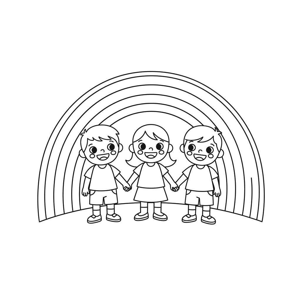 Dibujo para colorear Niños mirando un arcoíris