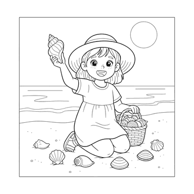 Girl Collecting Seashells Coloring Page