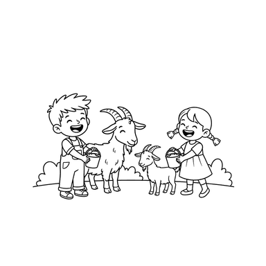 Coloriage Enfants nourrissant des chèvres