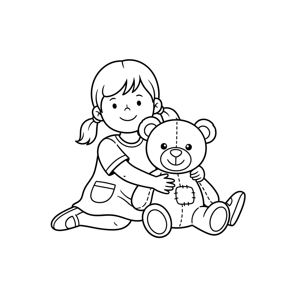 Ausmalbild: Mädchen spielt mit Teddybär