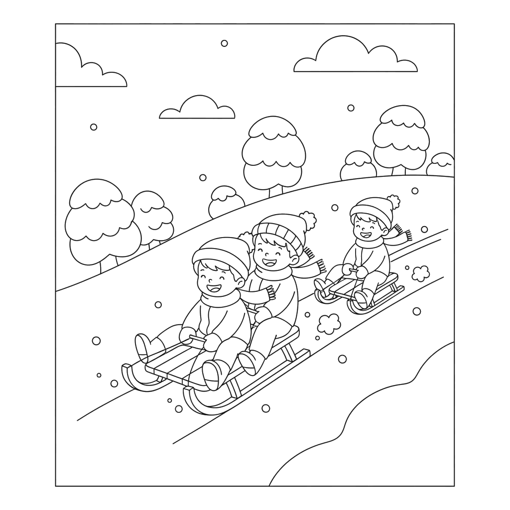 Ausmalbild: Kinder rodeln