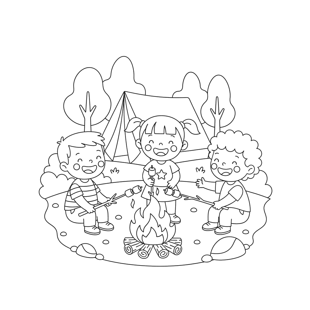 Kids Roasting Marshmallows Coloring Page