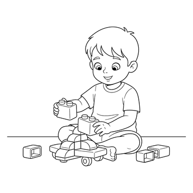 Coloriage Garçon Construisant avec des Blocs