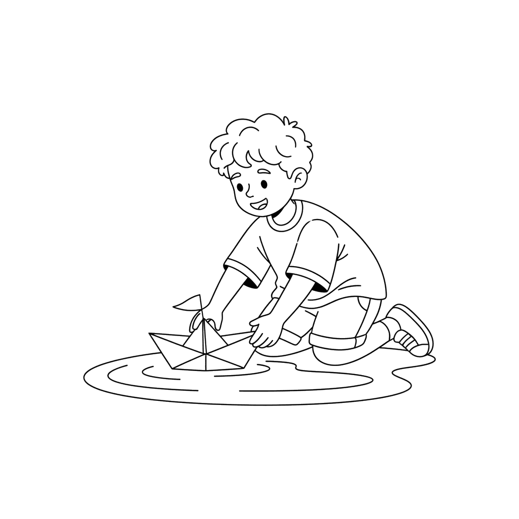 Ausmalbild: Junge mit Papierboot