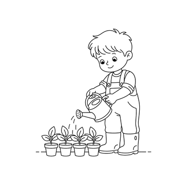Coloriage Garçon Arrosant des Plantules