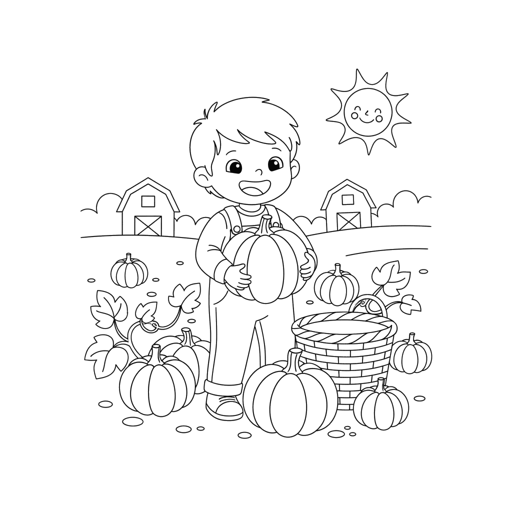 Kinder sammeln Kürbisse Ausmalbild