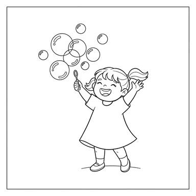 Girl Playing with Soap Bubbles Coloring Page