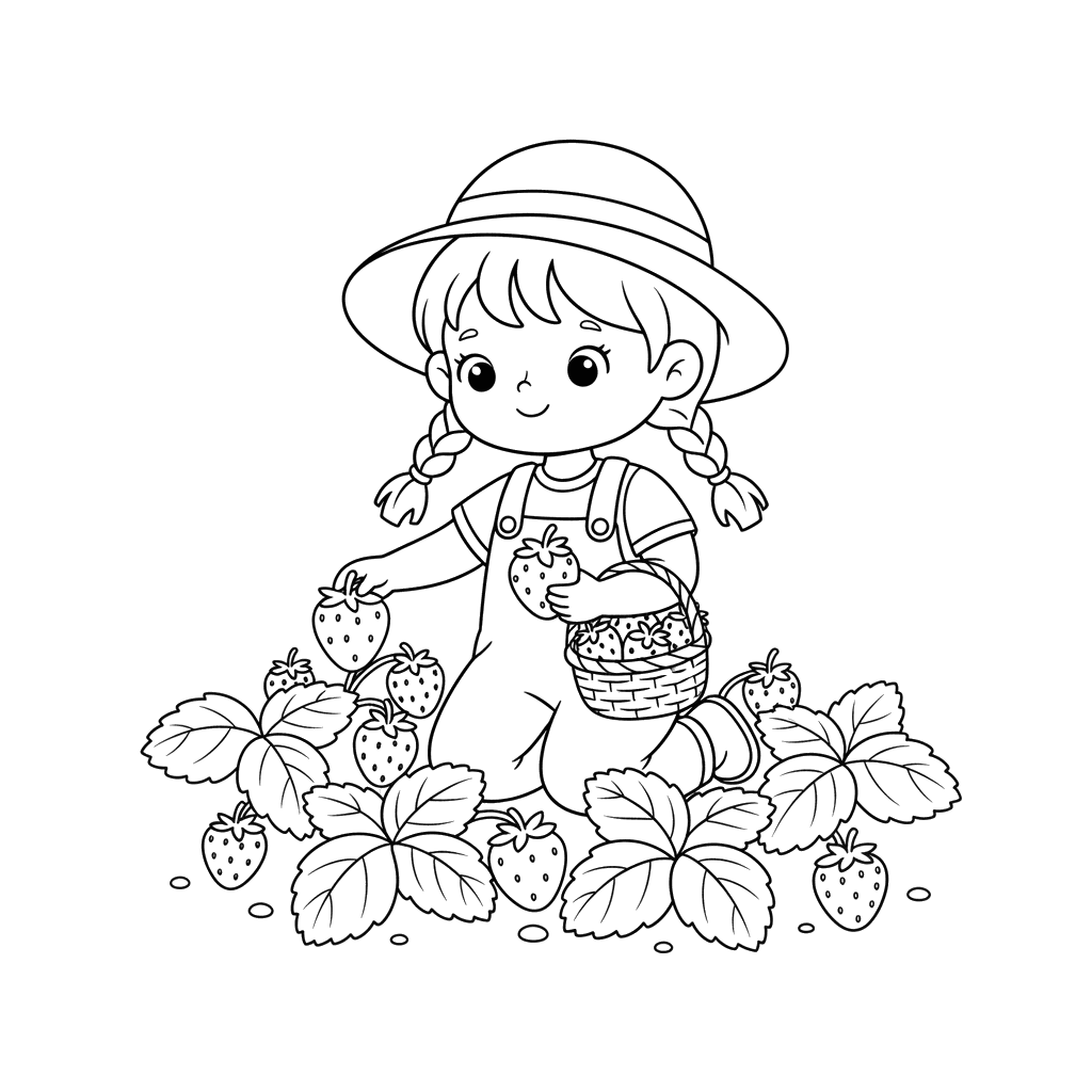 Girl Picking Strawberries Coloring Page